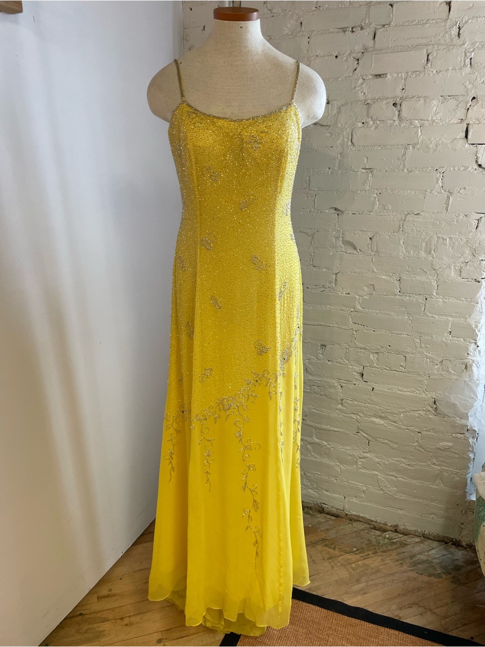 Yellow Silk Beaded Spaghetti-Strap Evening Dress